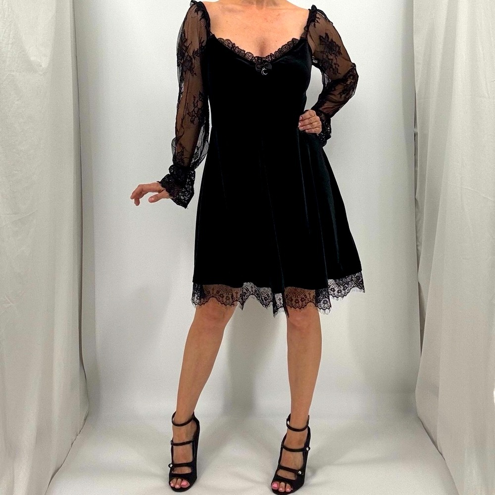 Vintage Y2K Goth Witchy Whimsigoth Velvet Lace Moon Charm Long Sleeve Midi Dress